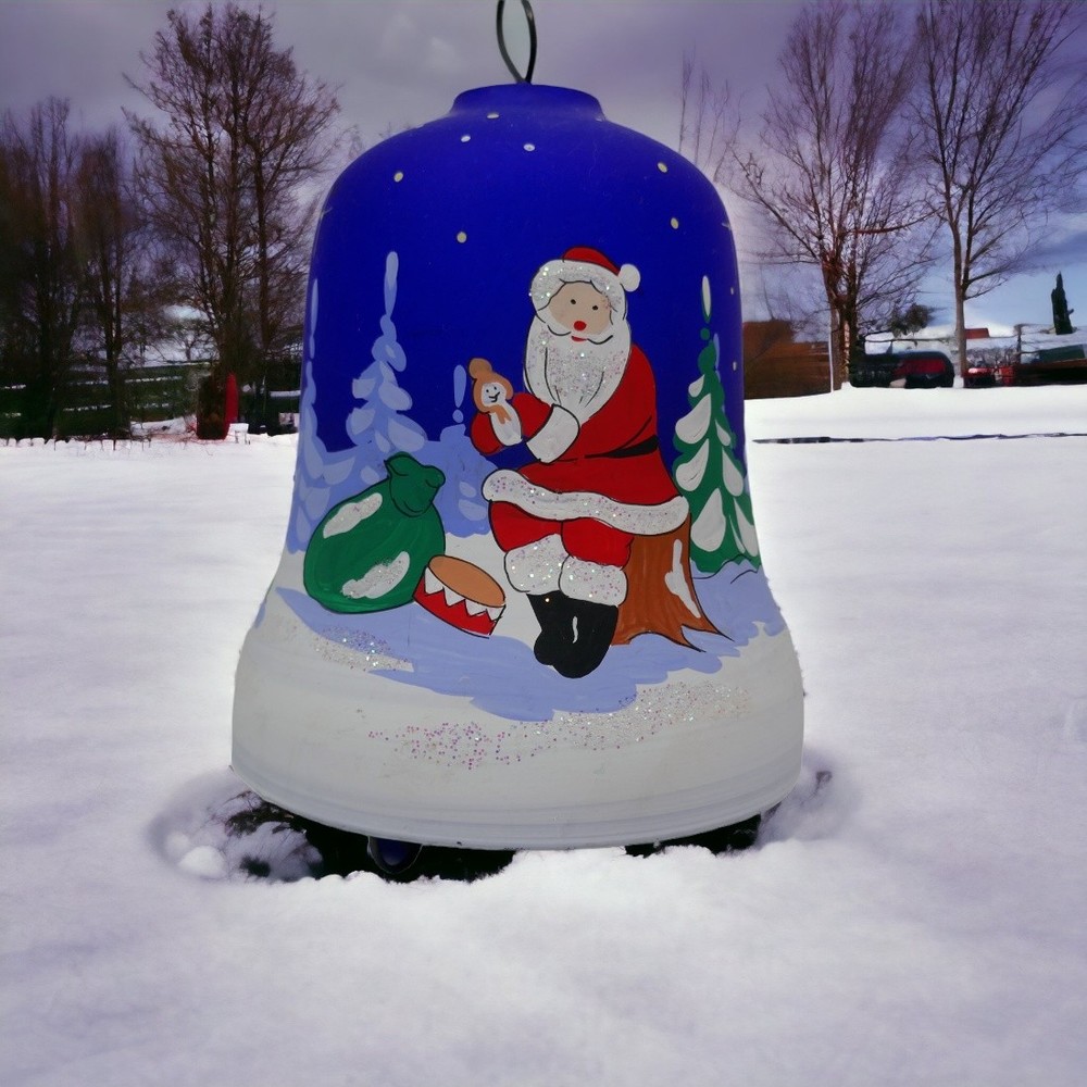 Christmas Santa Votive Tealight Handpainted Candle Holder Bell Shaped Blue Glass